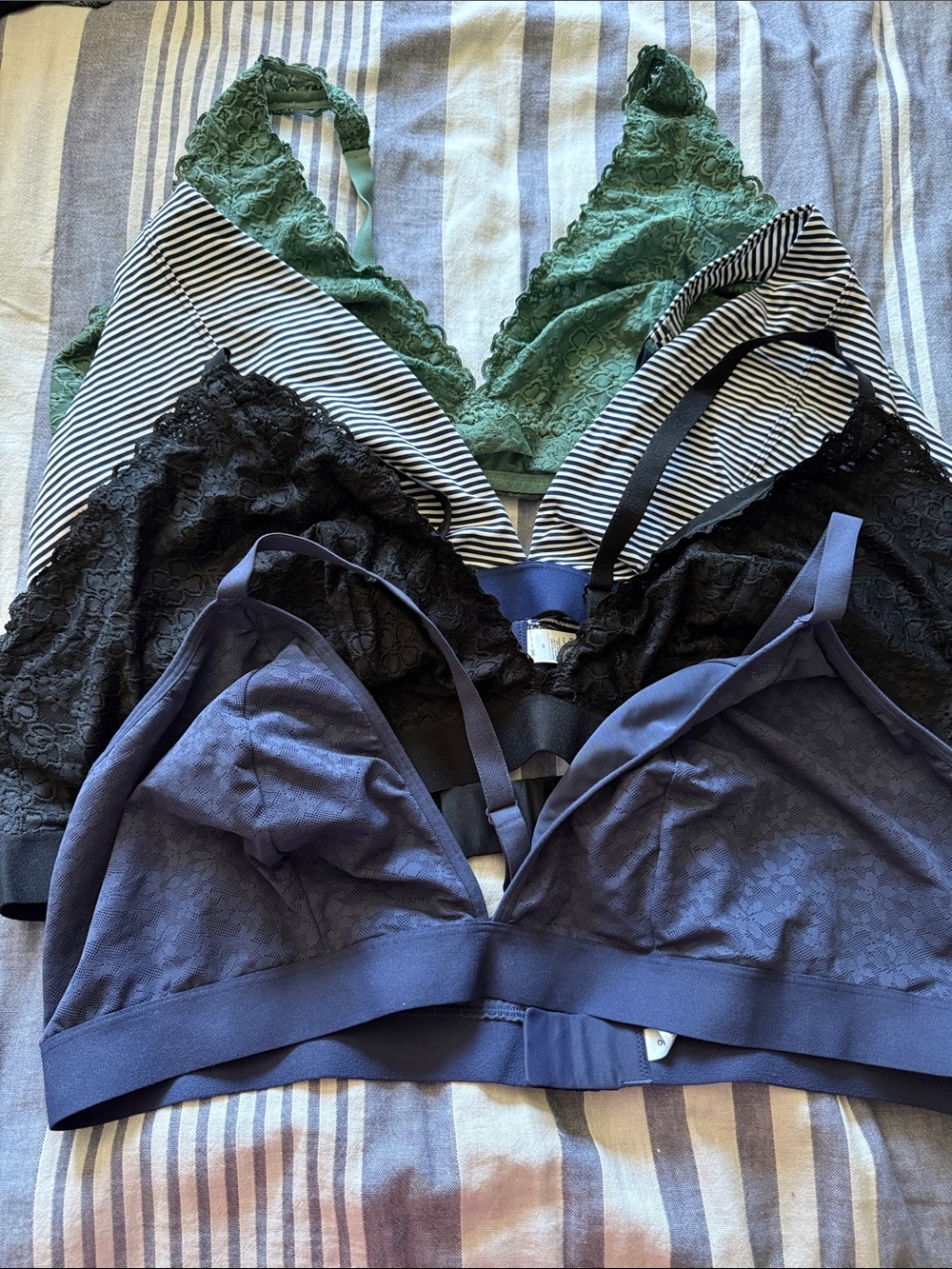 Set of 4 Lace & Cotton Bralette Set - Green, Black, Navy, Striped